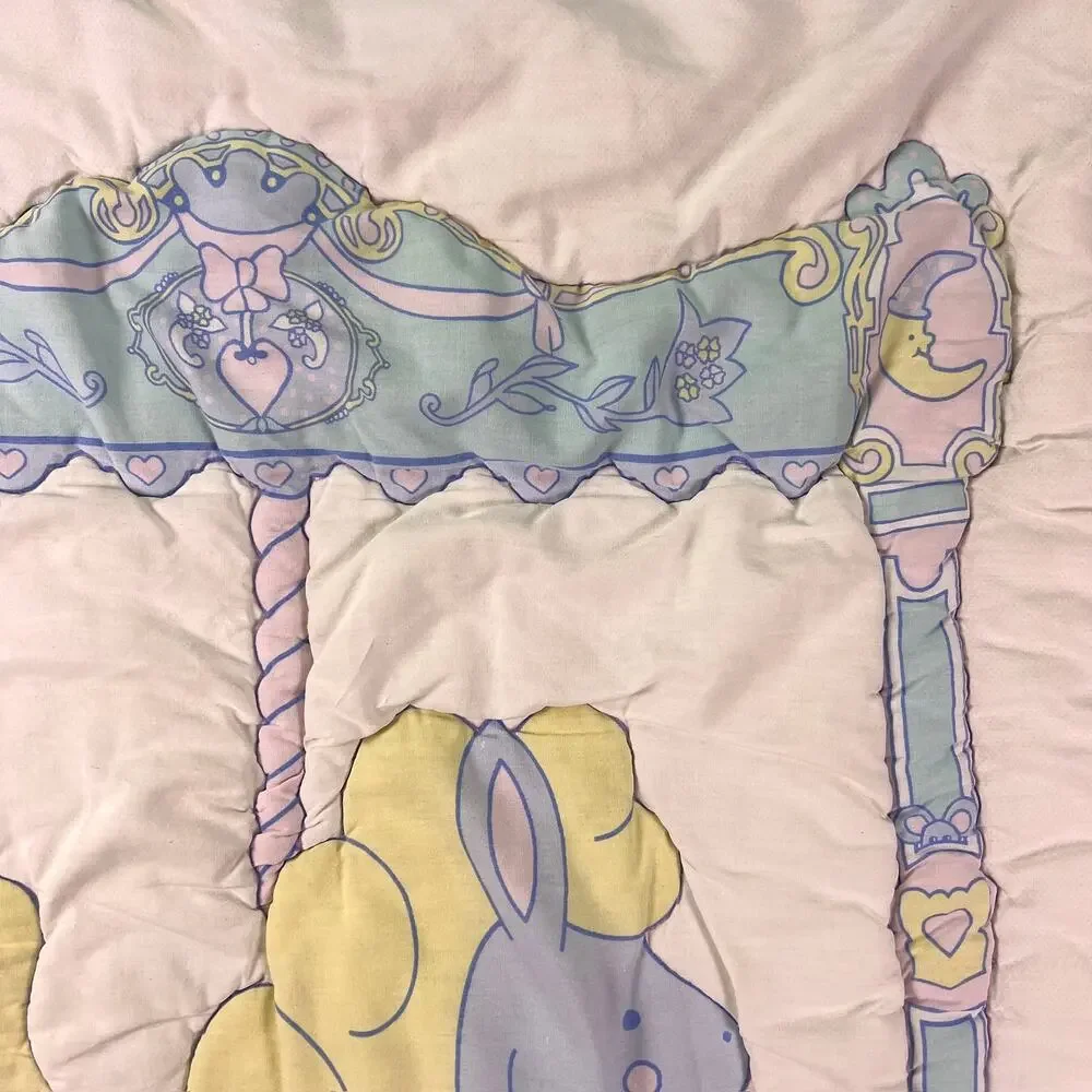 Vintage 80s 90s Baby Quilt Carousel Horse Merry Go Round Pink Lace Crib Blanket